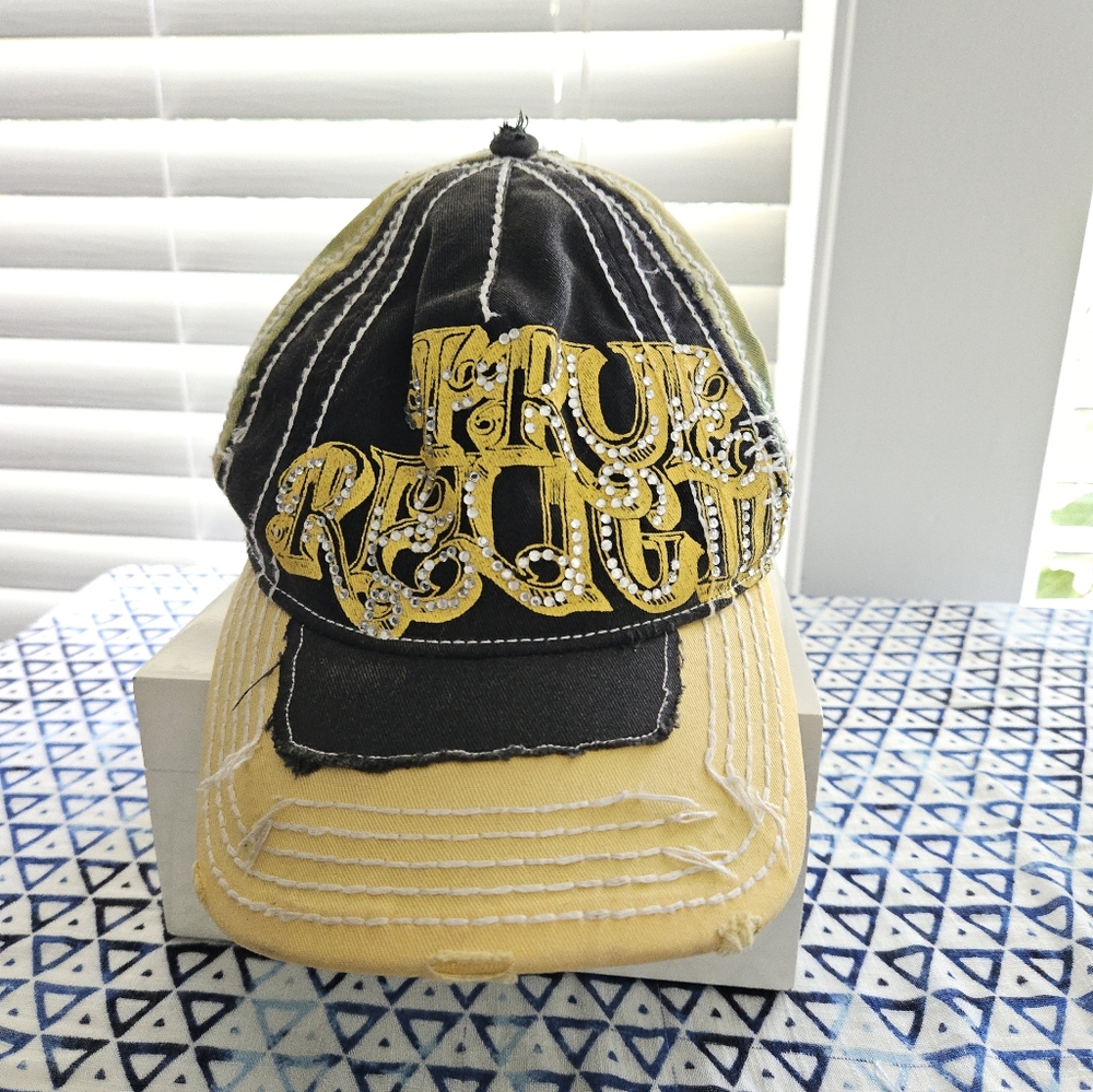 True Religion Hat Womens Black Yellow Logo Distressed Rhinestone Adjustable